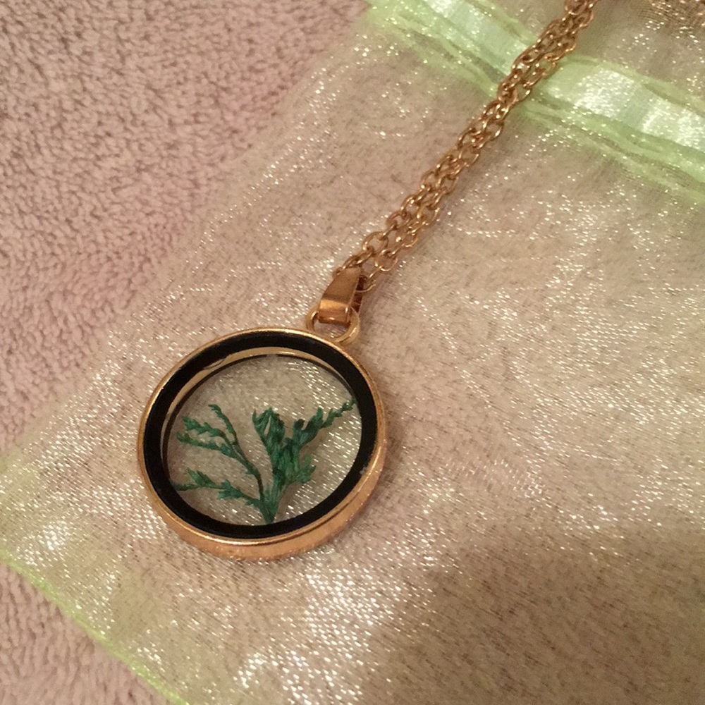 Moss Glass Window Pendant, resale 28” long chain